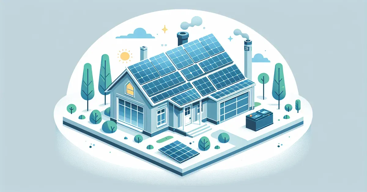 Illustrazione di una casa con pannelli solari e sistema di accumulo a batteria per indipendenza energetica