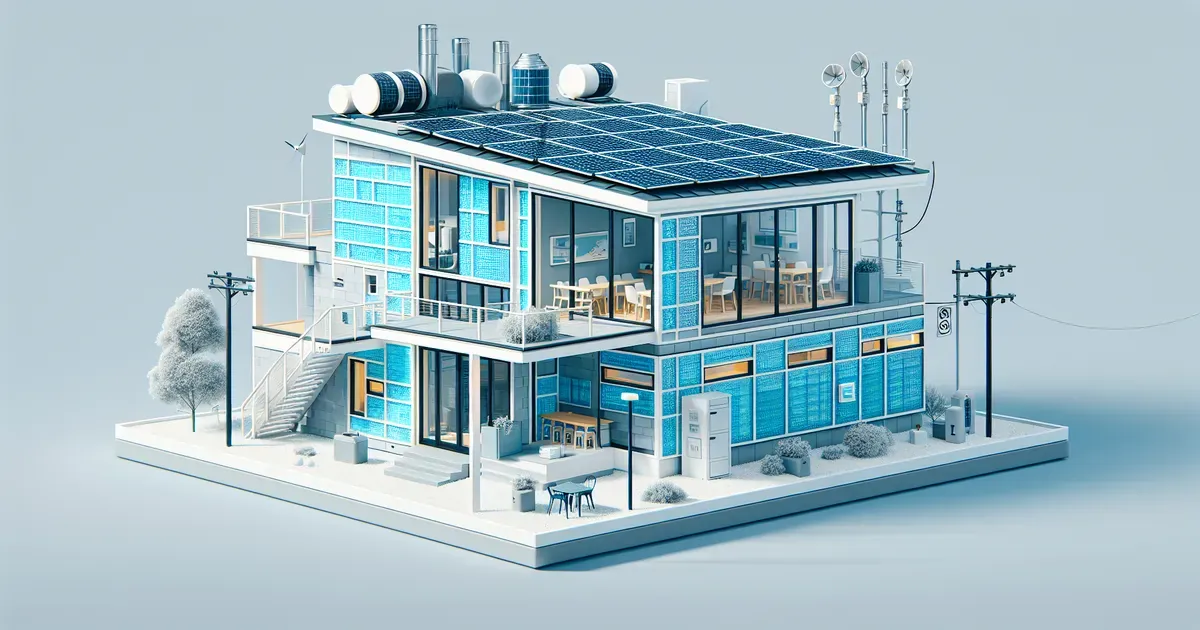 Rappresentazione di un edificio ad alta efficienza energetica con involucro isolato e pannelli solari