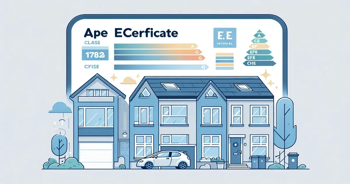Certificato APE con scala delle classi energetiche e interventi di efficientamento su un edificio residenziale
