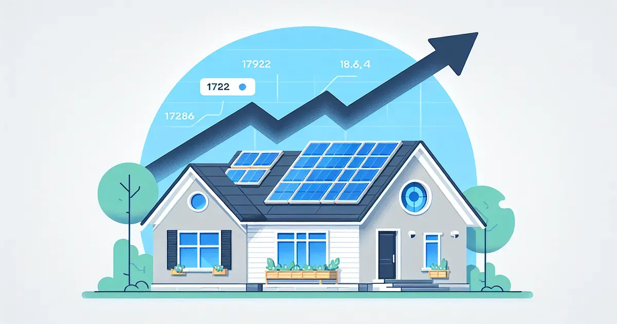 Casa residenziale con impianto fotovoltaico sul tetto e indicatori di valore immobiliare in crescita