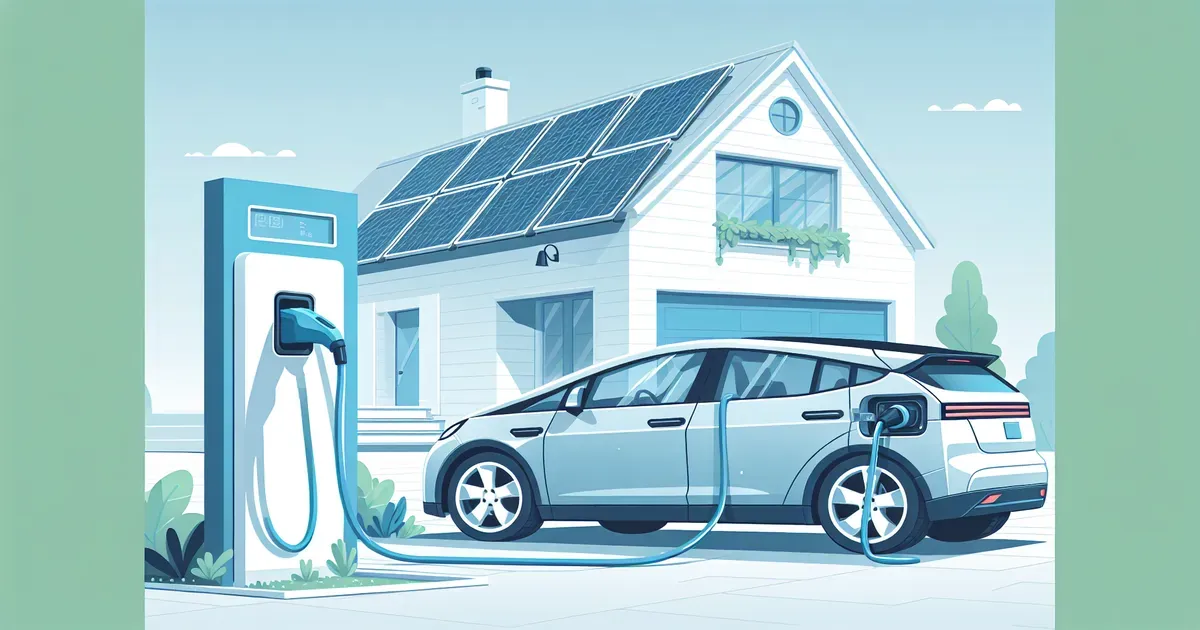 Auto elettrica collegata a una wallbox domestica con pannelli fotovoltaici sul tetto