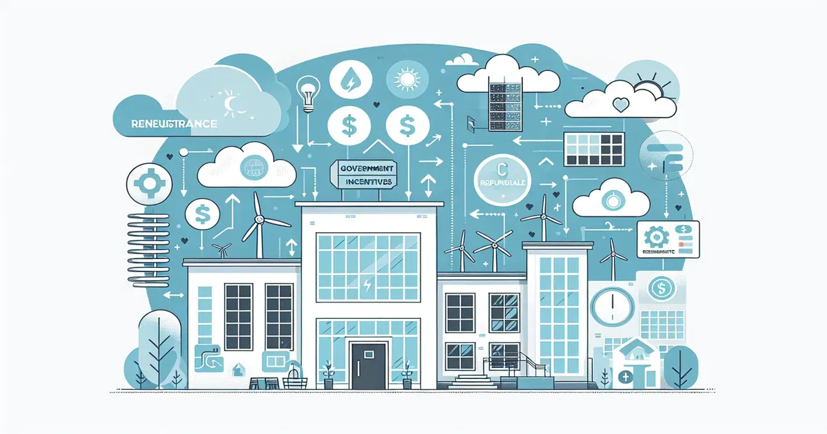 Illustrazione di un edificio efficiente con simboli di incentivi statali e frecce che indicano il percorso del rimborso