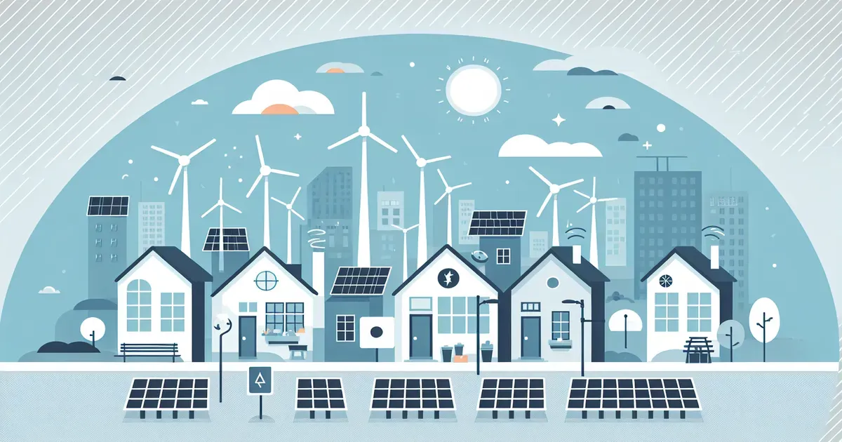 Illustrazione di un quartiere con pannelli solari condivisi e connessioni energetiche tra edifici