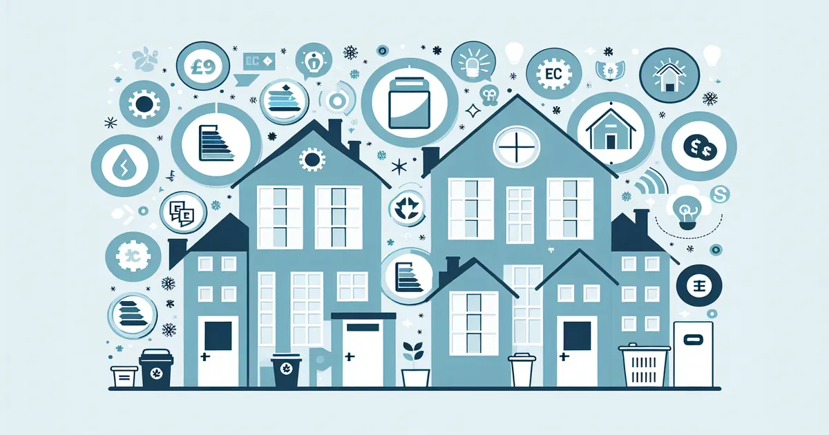 Illustrazione di edifici residenziali con simboli di efficienza energetica e agevolazioni fiscali