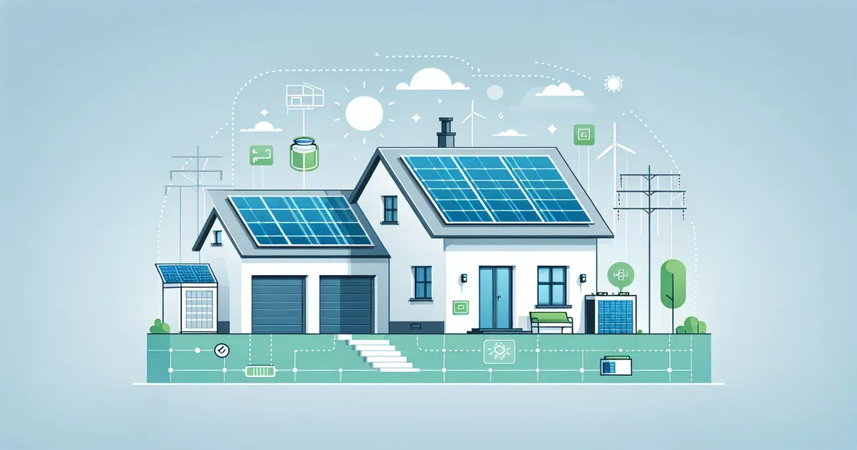 Illustrazione di una casa moderna con pannelli solari, batteria di accumulo e connessione alla smart grid