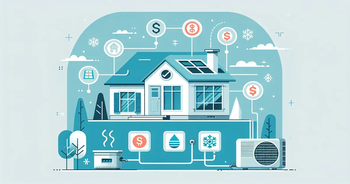 Illustrazione di una casa con pompa di calore e simboli di incentivi fiscali e risparmio energetico