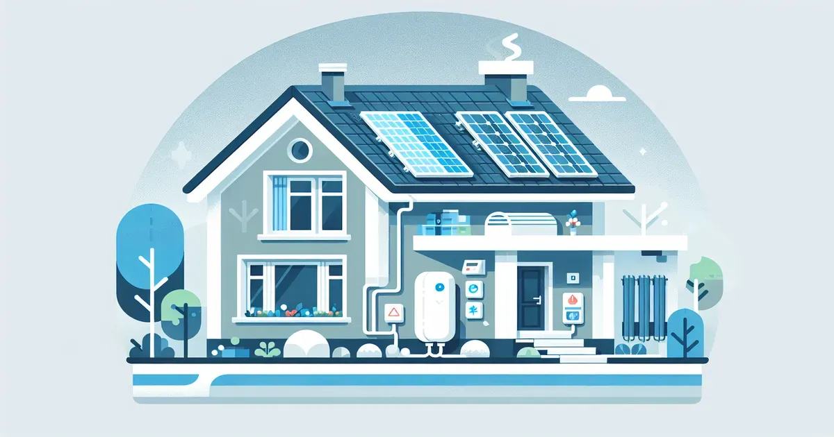 Illustrazione di una casa con isolamento termico a cappotto, pannelli fotovoltaici e pompa di calore integrati