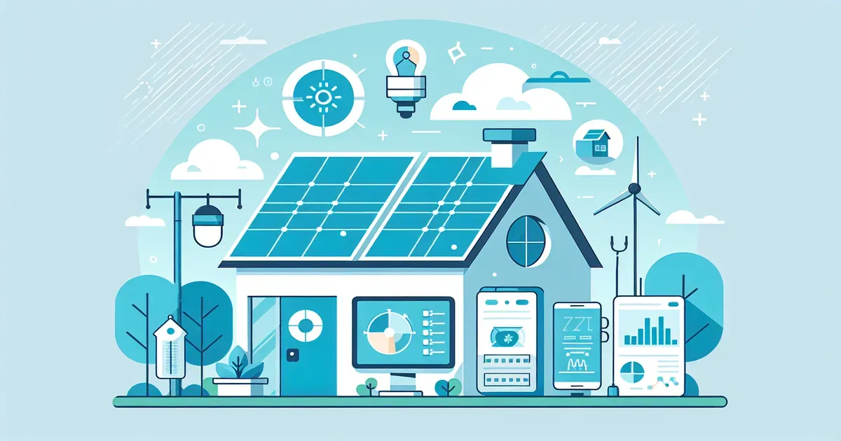 Pannelli fotovoltaici su un tetto con strumenti di diagnostica e simboli di analisi della produzione