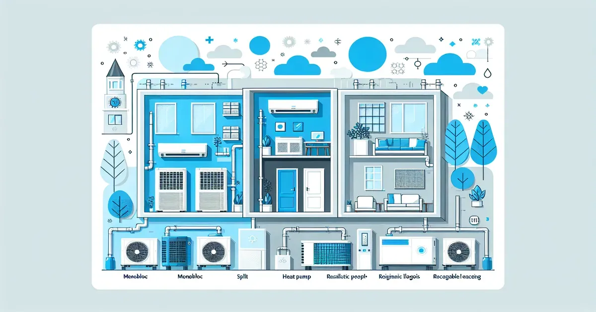 Schema illustrativo delle differenze tra pompa di calore monoblocco e split in contesto residenziale