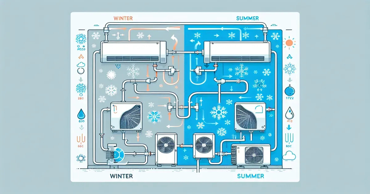 Schema di funzionamento di una pompa di calore reversibile con ciclo invernale ed estivo