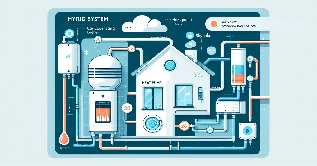 Schema di un sistema ibrido con pompa di calore e caldaia a condensazione collegati a un impianto domestico