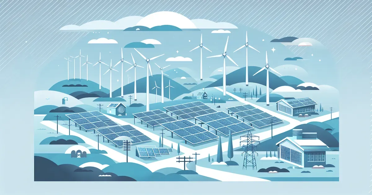 Illustrazione di tecnologie rinnovabili innovative con pannelli solari di nuova generazione e turbine eoliche